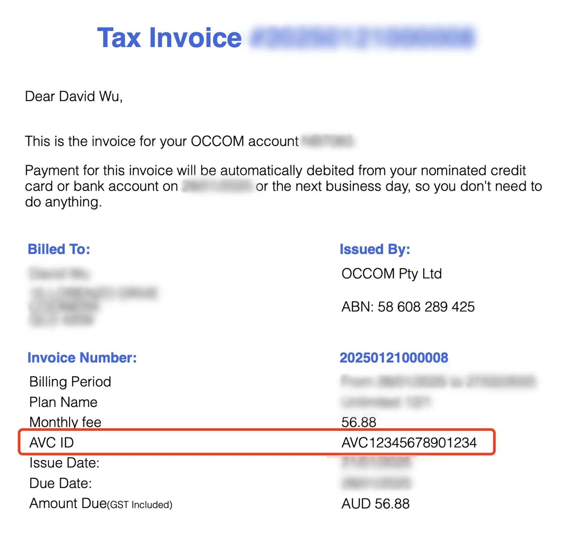 AVC ID on Occom tax Invoice. AVC ID on Occom tax Invoice